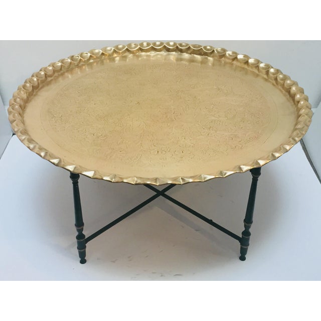 Large Moroccan Round Brass Tray Table on Folding Stand Chairish