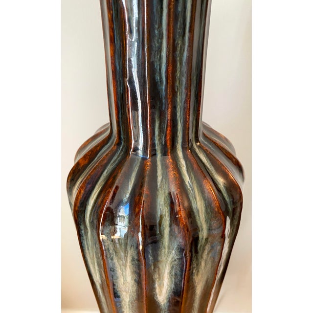 Mid 20th Century Monumental Mid-Century Modern Ribbed Ceramic Floor Vase With Drip Glaze For Sale - Image 5 of 11