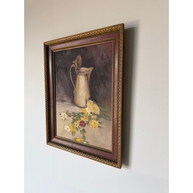 Vintage Floral & Pitcher Still Life Oil Painting on Masonite - Framed For Sale - Image 4 of 13