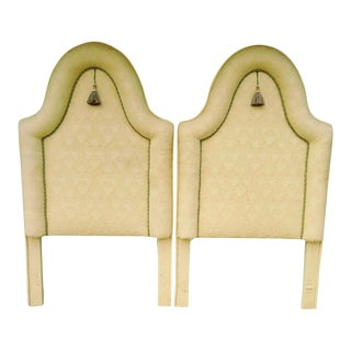 Extra Tall Dramatic Pagoda Shaped Custom Upholstered Twin Size Yellow Headboards- a Pair For Sale