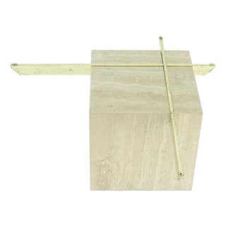 Large 37x37 Square Glass Top Travertine Pedestal & Brass Base Coffee Table For Sale