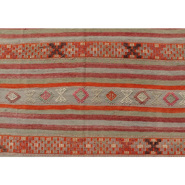 Textile Mid 20th Century Vintage Turkish Kilim With Colorful Stripes in Orange Lt. Green Red & Gray For Sale - Image 7 of 13