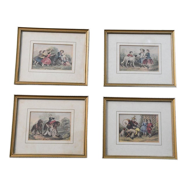 Set of 4 Antique Hand-Colored Pastoral Prints in Gilt Frames For Sale