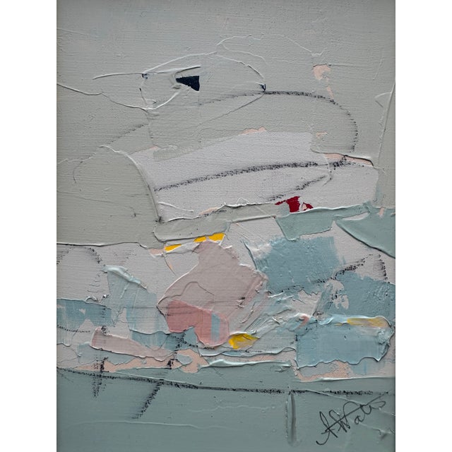 Lovely yet energetic textural abstract on board with brush and knife work, using multiple layers of paint, and graphite to...