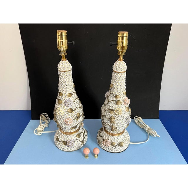 1950s Applied Floral Porcelain Tree of Life Lamps, Pair For Sale - Image 16 of 18