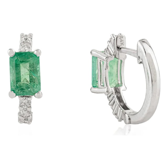 1.3Ct Natural Emerald-Cut Emerald & Diamond Hoop Earrings in 14k White Gold- A Pair For Sale