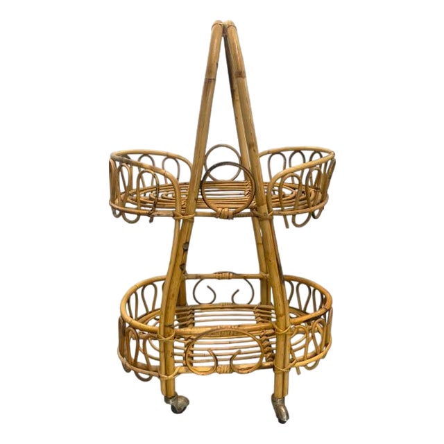 Vintage Rolling Rattan Plant Stand/ Utility Cart For Sale