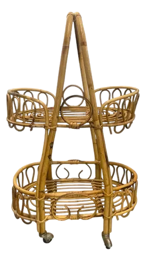 Vintage Rolling Rattan Plant Stand/ Utility Cart