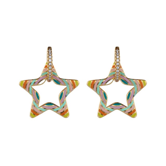 Pastel Colors Star Diamond Hoop Gold Earrings, A Pair For Sale In Miami - Image 6 of 6