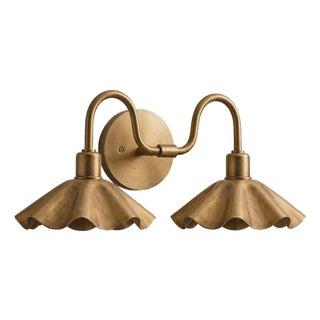 Brass 2-Light Vanity Sconce With Scalloped Shades, Bathroom Wall Light, Brass Swan-Neck Wall Sconce For Sale