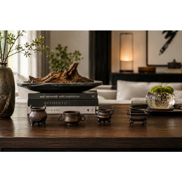 Chinese Set of 4 Bronze Antique Mini Incense Burner Chinese Censer For Sale - Image 3 of 18