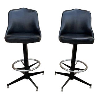 Pair of Mid Century Atomic Style Swivel Black Vinyl & Metal Bar Stools by Modern Stool Co. For Sale