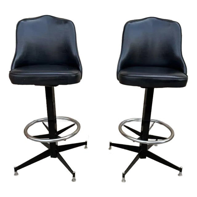 Pair of Mid Century Atomic Style Swivel Black Vinyl & Metal Bar Stools by Modern Stool Co. For Sale
