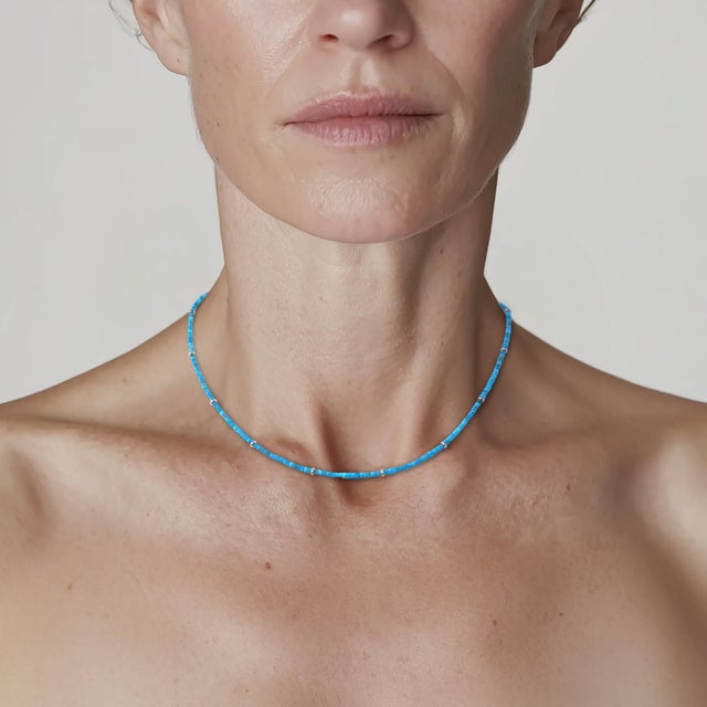 Turquoise has traveled the Silk Road for over three thousand years. Each tube in this strand is sourced from Tibet,...