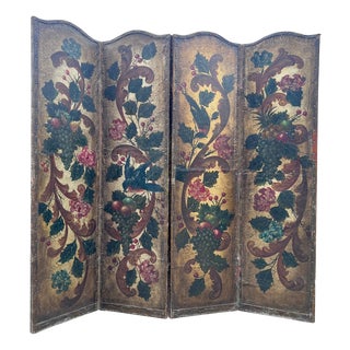 Antique French Hand-Painted Leather 4-Fold Room Divider Screen, 1890s For Sale