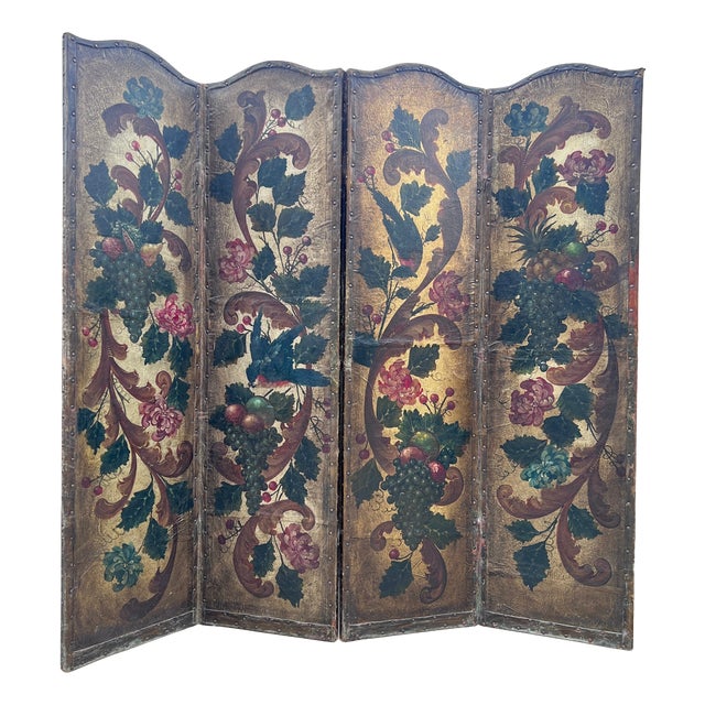 Antique French Hand-Painted Leather 4-Fold Room Divider Screen, 1890s For Sale