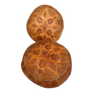 Vintage Embossed Leather Moroccan Pouf-A Pair For Sale