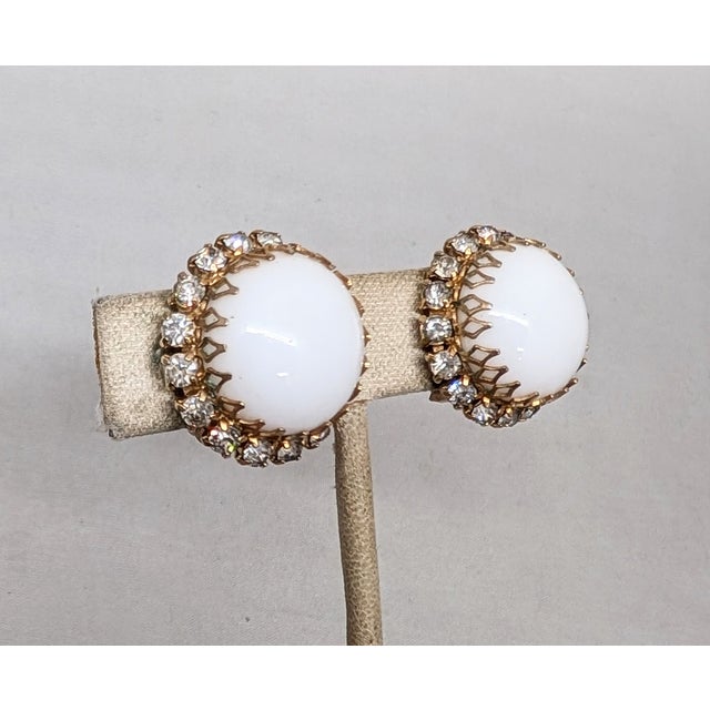 Kramer Vintage 1960s Signed Kramer Round White Cabochon Rhinestone Clip Earrings-2 Pieces For Sale - Image 4 of 7