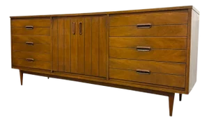 Vintage Mid Century Modern Walnut 9-Drawer Triple Dresser Dovetailed Drawers
