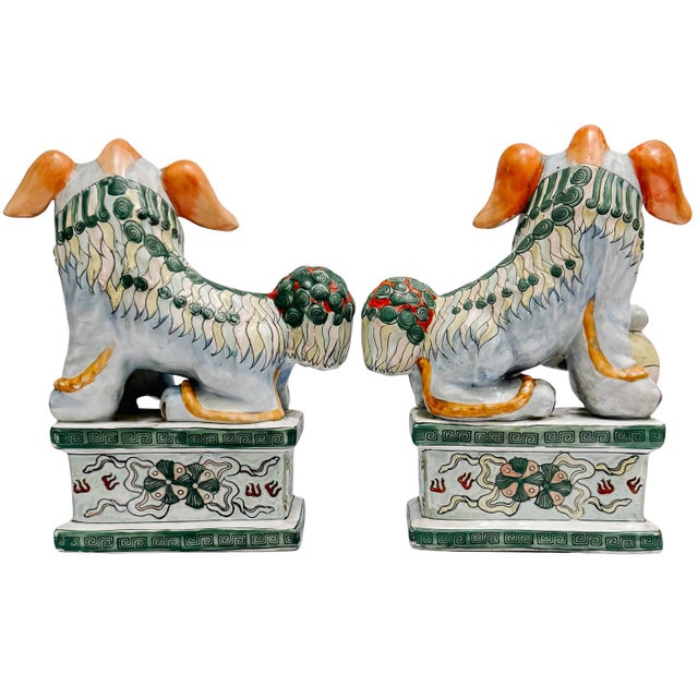 Mid 20th Century Chinese Famille Verte Style Glazed Ceramic Foo Dogs - A Pair For Sale In San Diego - Image 6 of 10