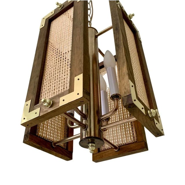 Fredrick Ramond Vintage MCM 1960s Modernist Nautical Style Brass and Wood With Cane Pendant Ceiling Light in the Style of Fredrick Ramond For Sale - Image 4 of 9