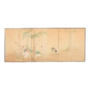 Early 20th Century Japanese Taisho Six Panel Screen Roosters and Hens