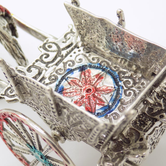 Large Vintage Italian Handmade Silver Carretto Siciliano Carriage with Enameled Parts, Sicily, 1980s For Sale - Image 6 of 13