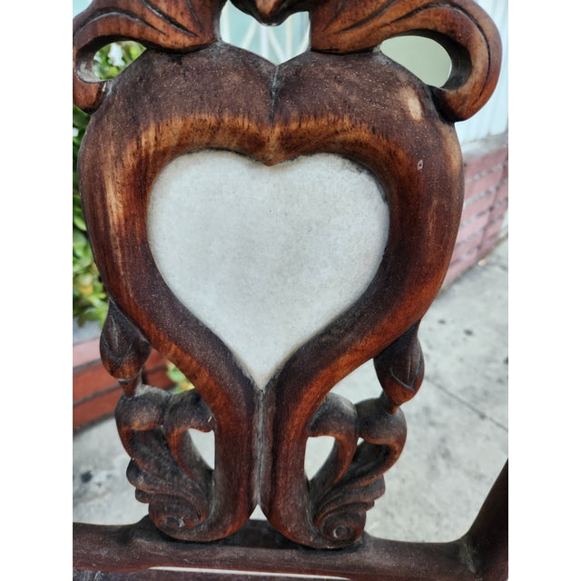 Chinese Solid Rosewood Batwing Ornate Chairs Marble Insert