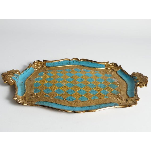 Florentine Neo-Rococo Gilt and Turquoise Tray with Harlequin Pattern, Italy, 1950s For Sale - Image 14 of 18