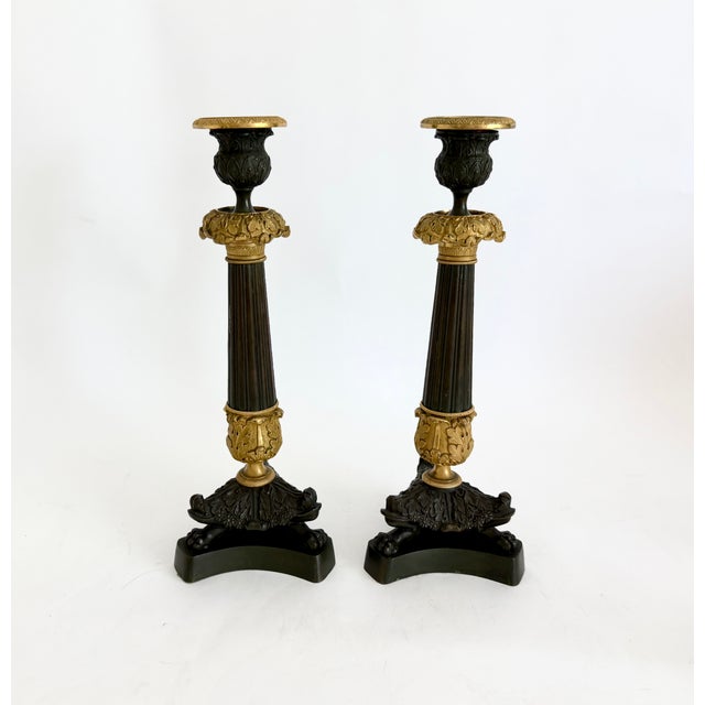 French 19th C French Charles X Gilt & Patinated Bronze Candlesticks - A Pair For Sale - Image 3 of 14