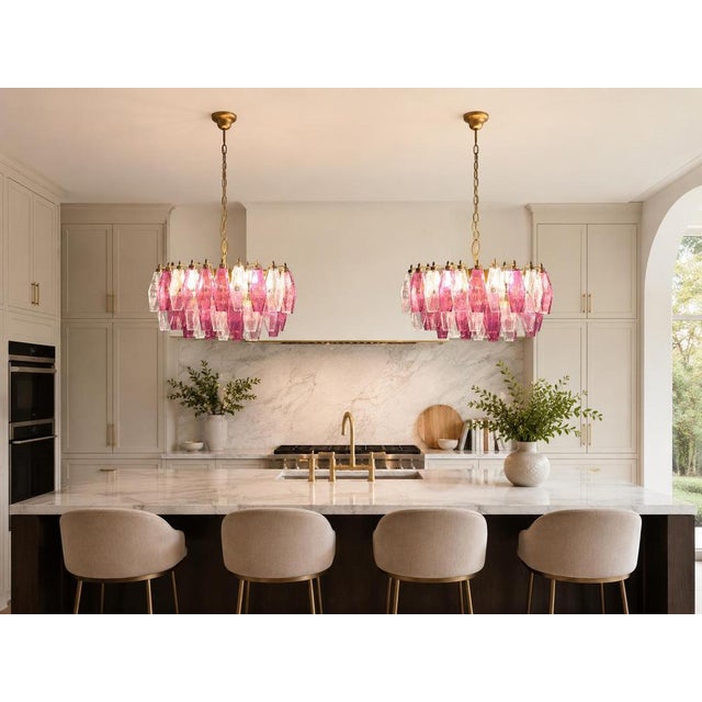 Pair elegant italian chandeliers made from 56 beautiful murano clear and amethyst glasses “poliedri”. Structure in gold...