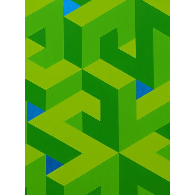 Austin Magruder Contemporary Lime Green & Blue Colorful Tessellated Geometric Abstract Painting, 2024 For Sale - Image 4 of 9