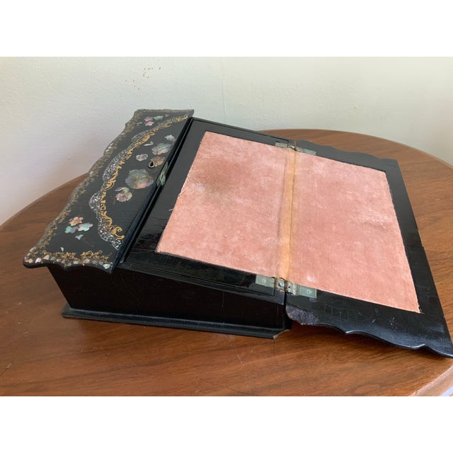 19th Century Antique Victorian Papier-Mâché & Mother of Pearl Lacquered Writing Slope, Lap Desk, Box. Original Velvet & Secret Compt. See Photos! For Sale - Image 9 of 11