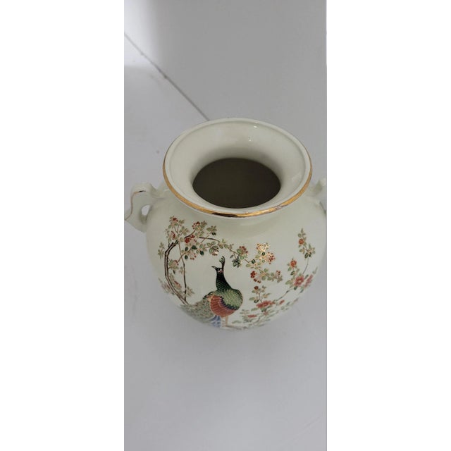 Traditional Vintage White Japan Ceramic Vases With Hand Painted Peacock Motif - a Pair For Sale - Image 3 of 9