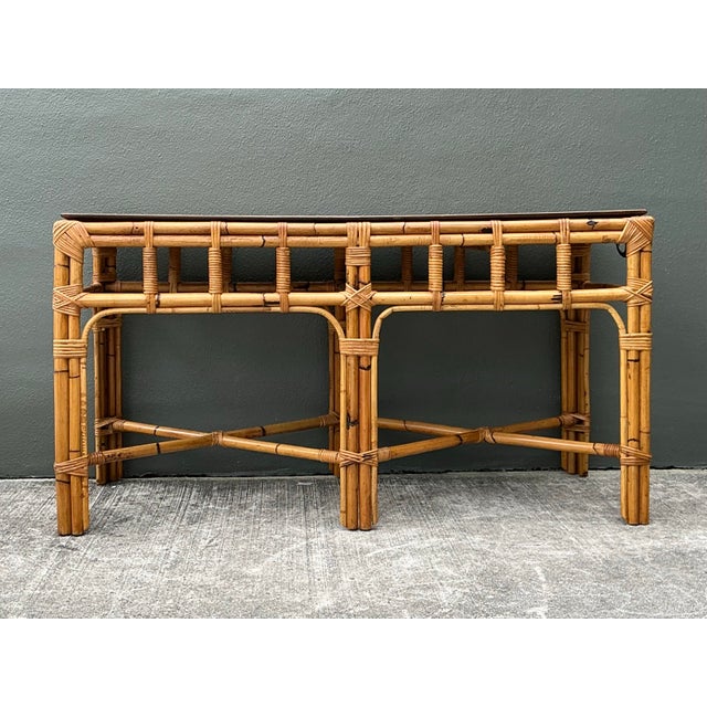 Contemporary Vintage Boho Bamboo and Burlwood Console Table For Sale - Image 3 of 12