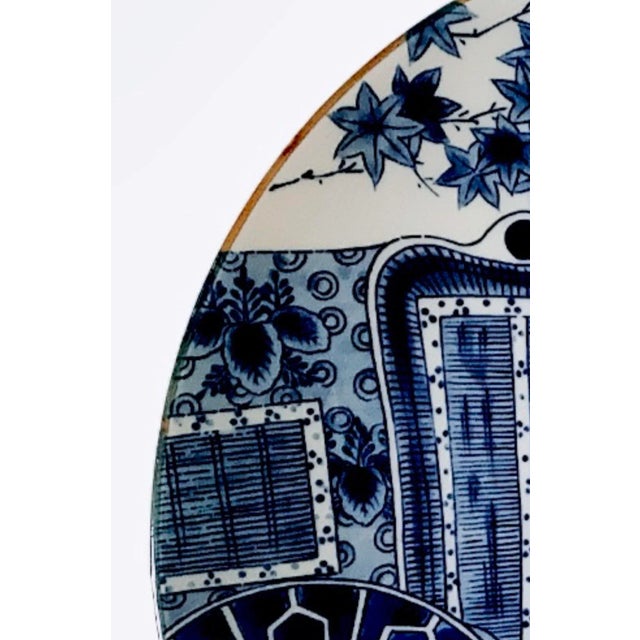 Vintage Large Chinoiserie Japanese Arita Ware White and Blue Porcelain Charger / Wall Plate Rickshaw Japan For Sale - Image 9 of 12