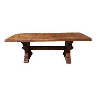 Vintage Solid Plank Trestle Oak Farm Dining Table For Sale