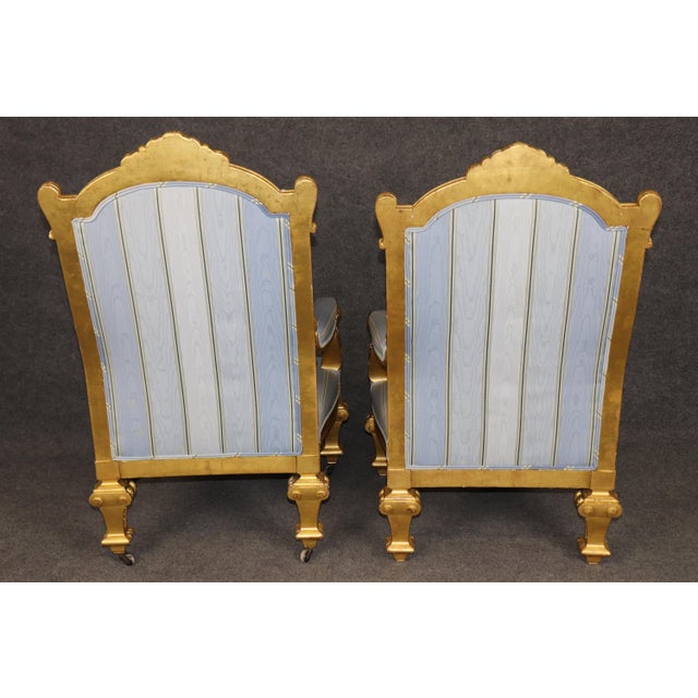 French 19th C. Pair French Napoleonic Style Armchairs, Giltwood & Blue Upholstery For Sale - Image 3 of 16