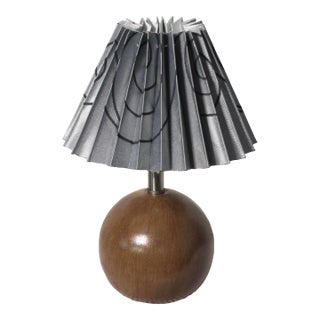Small Contemporary Wooden Orb Table Lamp With Blue Pleated Shade For Sale