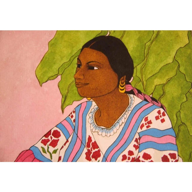 Nadine Mayes Colorful Watercolor Portrait of Seated Female in Blue and Pink Floral Dress 1990s For Sale - Image 4 of 11