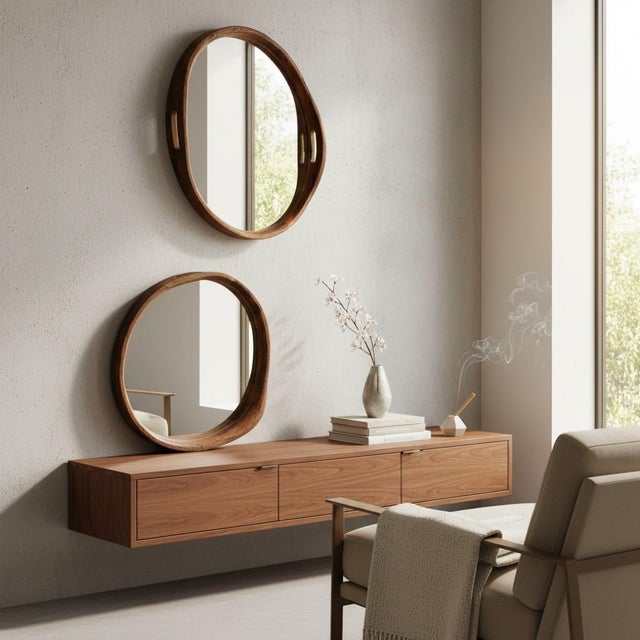 Mid-Century Modern A Pair of Rustic Hand Hewn Farmhouse Wooden Serving Tray Style Wall Mirrors For Sale - Image 3 of 14