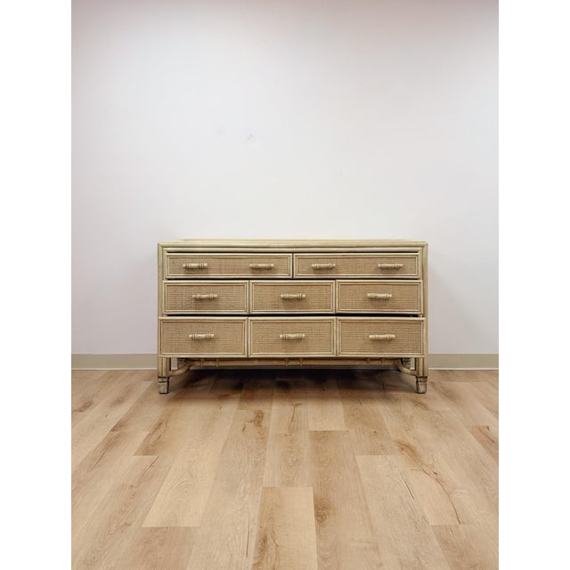 Beige Mid 20th Century Coastal Ficks Reed Style Faux Bamboo Woven Nine Drawer Dresser, Wicker For Sale - Image 8 of 13