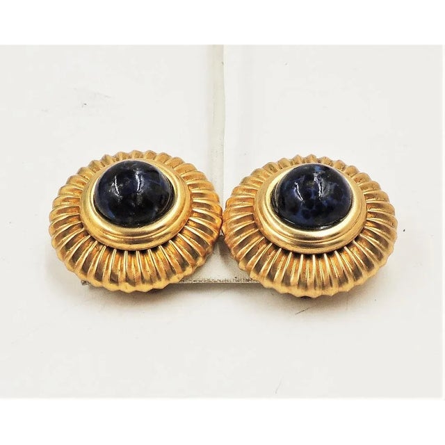 Vintage Pellini Italy Big Cabochon Faux-Lapis Clip Earrings - 2 Pieces For Sale In Philadelphia - Image 6 of 11