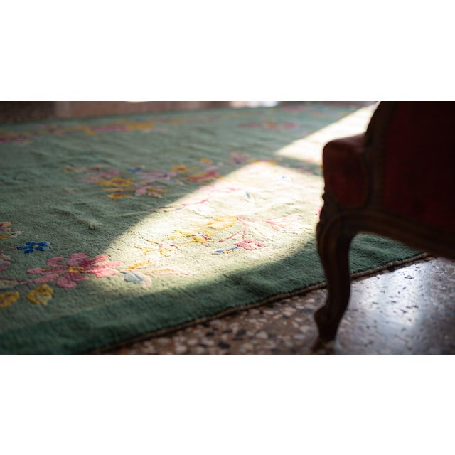 Textile 1920s Green Floral Antique Chinese Art Deco Rug 7' 10'' X 9' 7 Handknotted Wool Carpet For Sale - Image 7 of 9