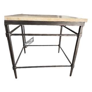 Premium Ethan Allen Vida Fossilized Stone-Top End Table in Paris Iron For Sale