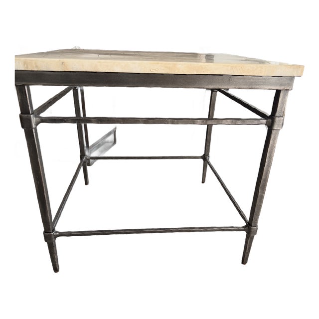 Premium Ethan Allen Vida Fossilized Stone-Top End Table in Paris Iron For Sale