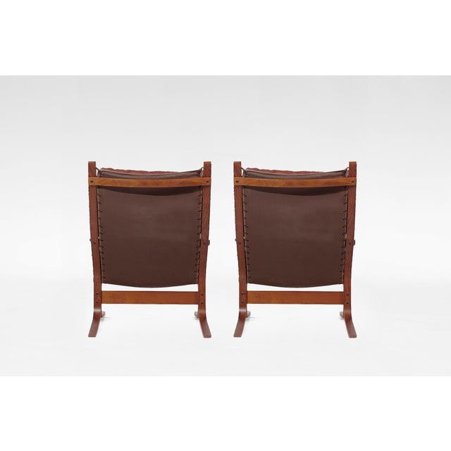 Vintage Siesta High Back Chairs in Cognac Leather and Plywood by Ingmar Relling for Westnofa, 1960s, Set of 2 For Sale - Image 6 of 6