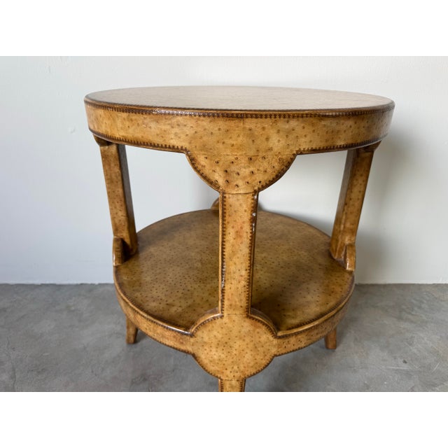 Mid-Century Modern Vintage Maitland-Smith Faux Ostrich Leather Round Two-Tier End Table For Sale - Image 3 of 12