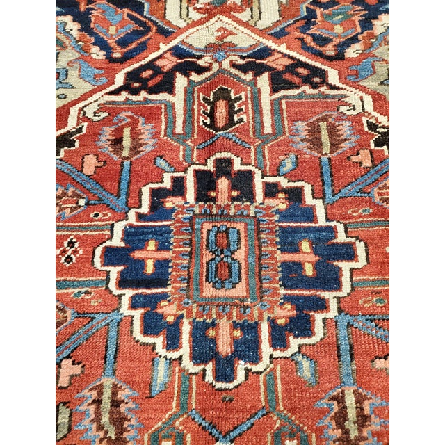 Early 20th Century Antique Persian Heriz Carpet, Handmade Wool Oriental Rug, Rust, Navy, Lt Blue For Sale - Image 5 of 18