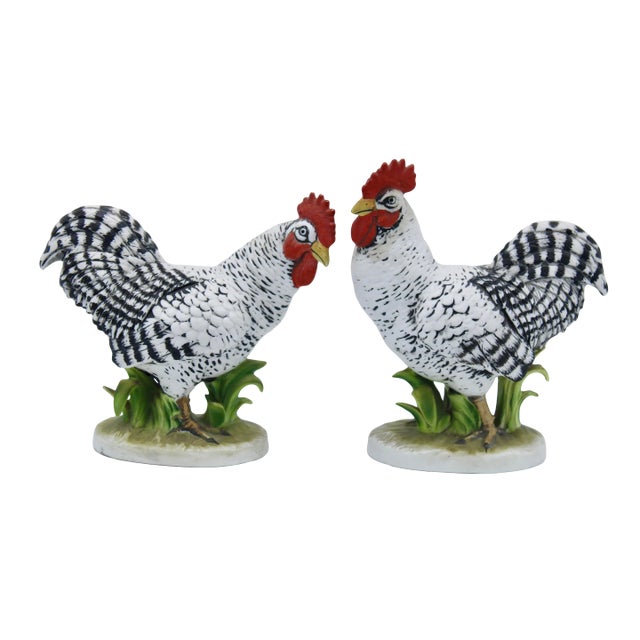 Vintage Farmhouse Black and White Ceramic Chickens For Sale